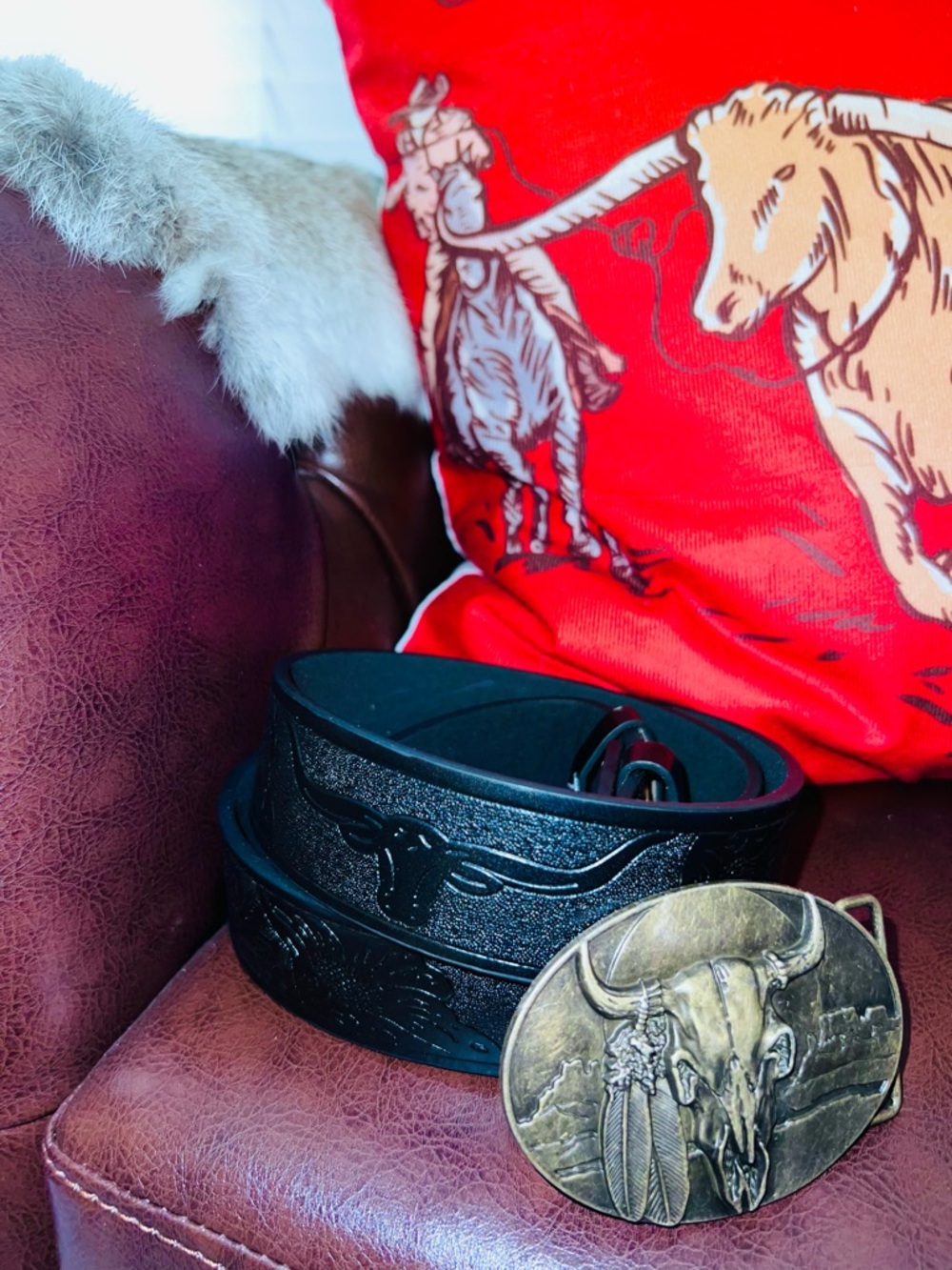 Western Black Leather Belt with Steer Head Buckle